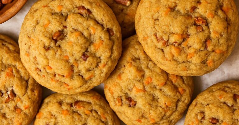 Close-up of soft and chewy carrot cake cookies with shredded carrots and pecans.