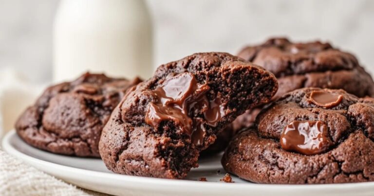 brownie mix cookies with melty chocolate chunks on a white plate, one with a bite taken out.