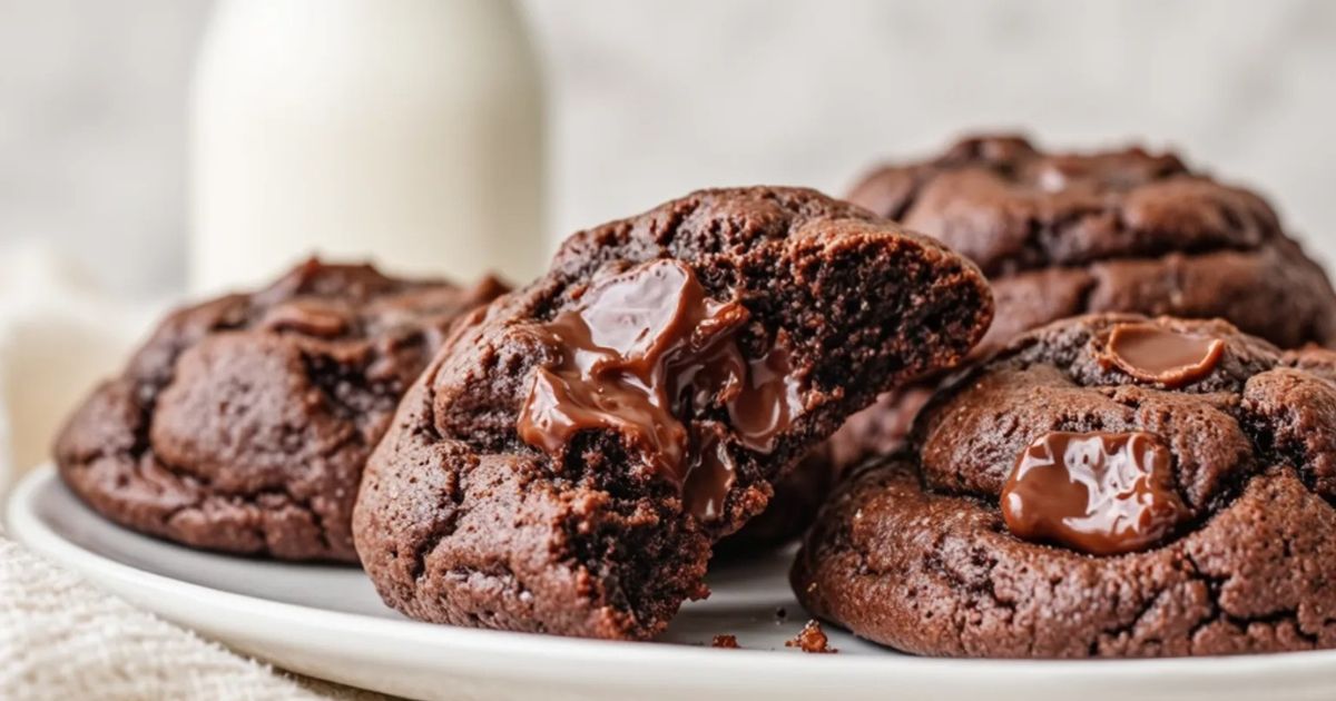 brownie mix cookies with melty chocolate chunks on a white plate, one with a bite taken out.