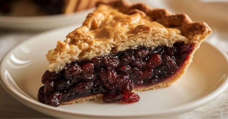 A single slice of homemade raisin pie on a white plate with a golden-brown flaky crust and glossy raisin filling.