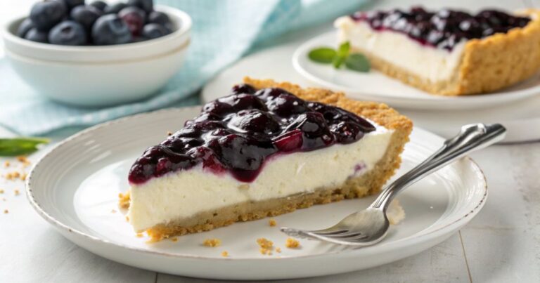 `Slice of Blueberry Cream Cheese Pie with Graham Cracker Crust`