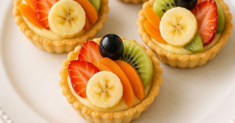 Mini fruit tart with fresh fruit on a light pastry crust.
