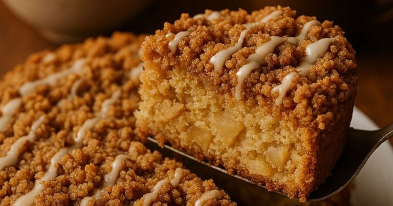 A close-up of a slice of apple coffee cake with golden-brown streusel topping, served on a white plate with a moist interior and apple chunks visible.