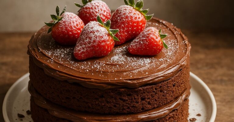 Chocolate sponge cake on a plate showcasing a fluffy texture and rich cocoa layers
