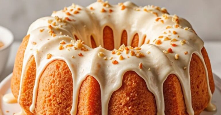 Fluffy carrot Bundt cake with cream cheese glaze on a white plate – perfect for a classic homemade dessert.