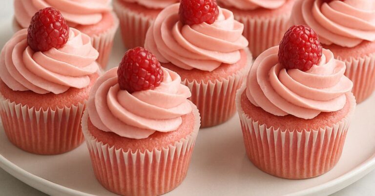 Moist and fluffy pink cupcakes topped with creamy pink frosting on a white plate.