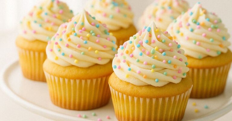 Freshly baked yellow cupcakes topped with creamy vanilla frosting on a white plate