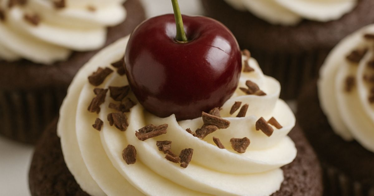 Moist Black Forest cupcakes topped with whipped cream and cherries.