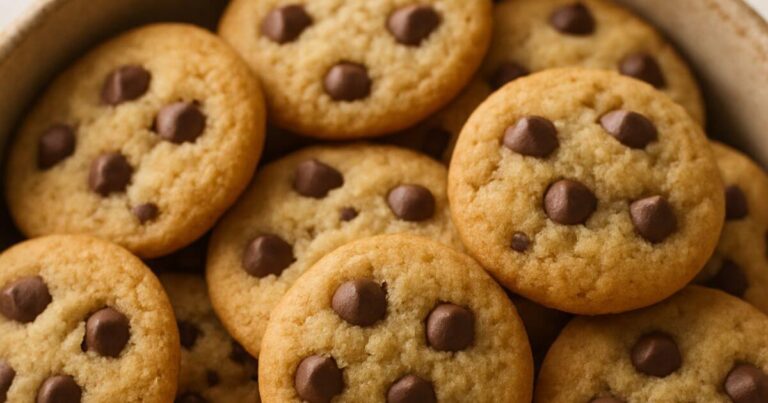 A bowl filled with perfectly baked mini chocolate chip cookies, golden brown with visible chocolate chips.