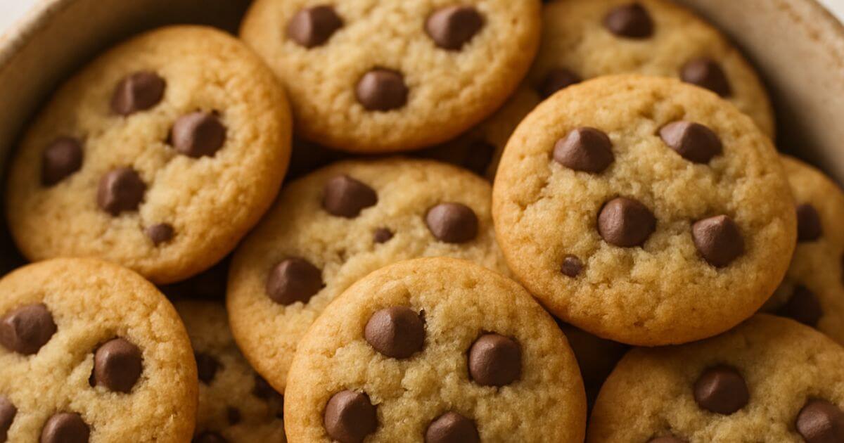 A bowl filled with perfectly baked mini chocolate chip cookies, golden brown with visible chocolate chips.