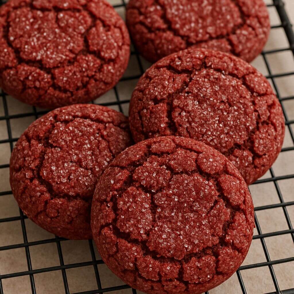 red velvet cookies on a black wire cooling rack with cracked