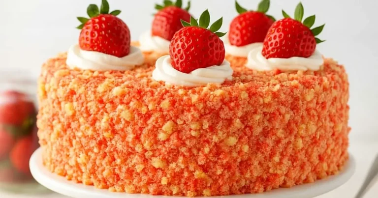 Strawberry Crunch Cake with a perfect crust, showcasing the vibrant layers and crunch.