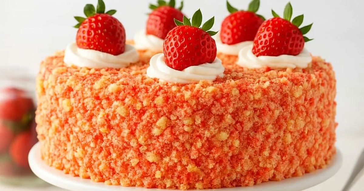 Strawberry Crunch Cake with a perfect crust, showcasing the vibrant layers and crunch.