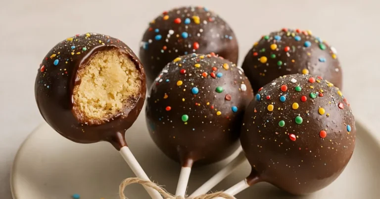 Homemade Starbucks-style cake pops with a glossy chocolate coating, colorful sprinkles, and edible glitter, arranged on a plate with soft lighting