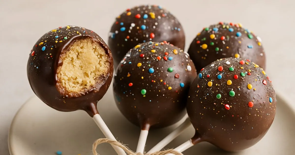 Homemade Starbucks-style cake pops with a glossy chocolate coating, colorful sprinkles, and edible glitter, arranged on a plate with soft lighting