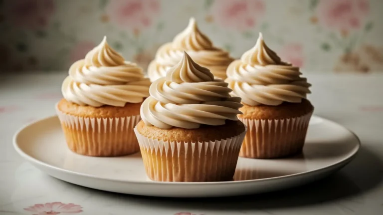 A close-up of freshly baked eggless cupcakes topped with frosting .