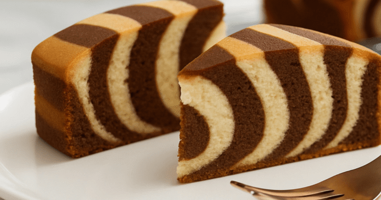 Zebra cake with a cool swirl pattern, showcasing a beautiful contrast of chocolate and vanilla layers