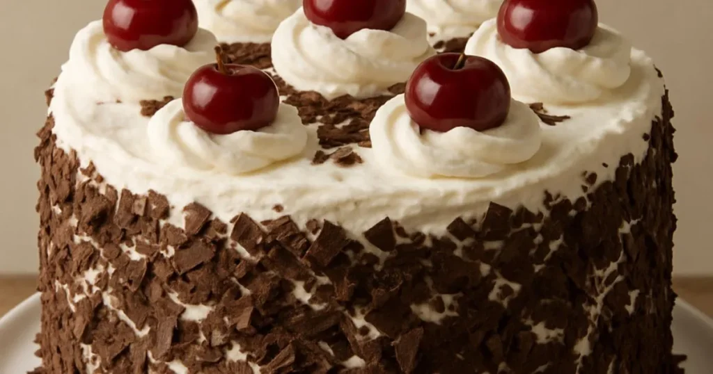 How To Make Black Forest Cake Recipe With Cake Mix - A delicious homemade cake decorated with whipped cream, cherries, and chocolate shavings.