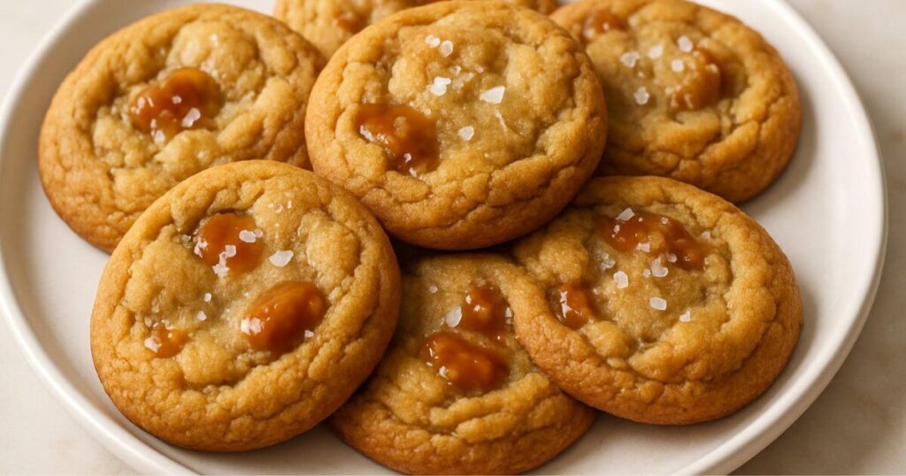 Freshly baked caramel cookies stacked on a plate, showing golden brown color and gooey caramel inside