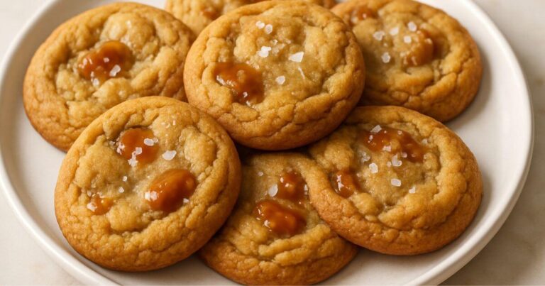 Freshly baked caramel cookies stacked on a plate, showing golden brown color and gooey caramel inside