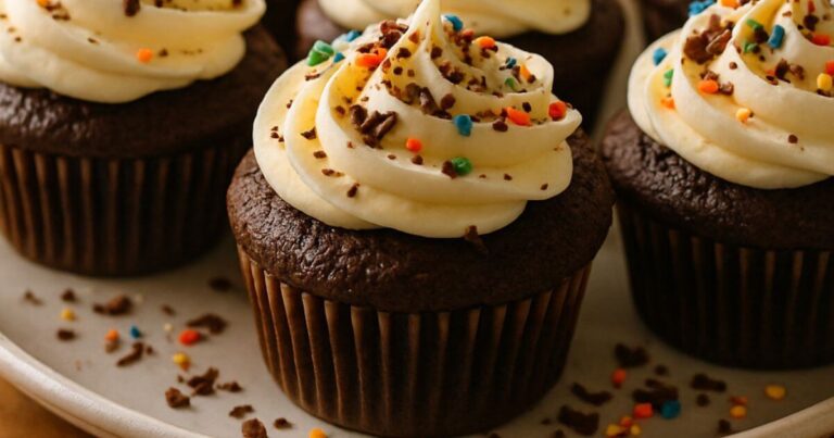 Gluten-Free Chocolate Cupcakes with moist, rich texture topped with creamy frosting