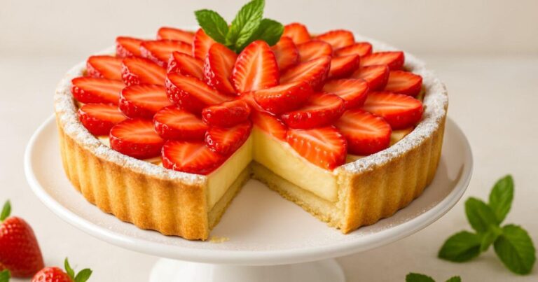 Freshly baked homemade strawberry tart topped with glazed strawberries and mint leaves