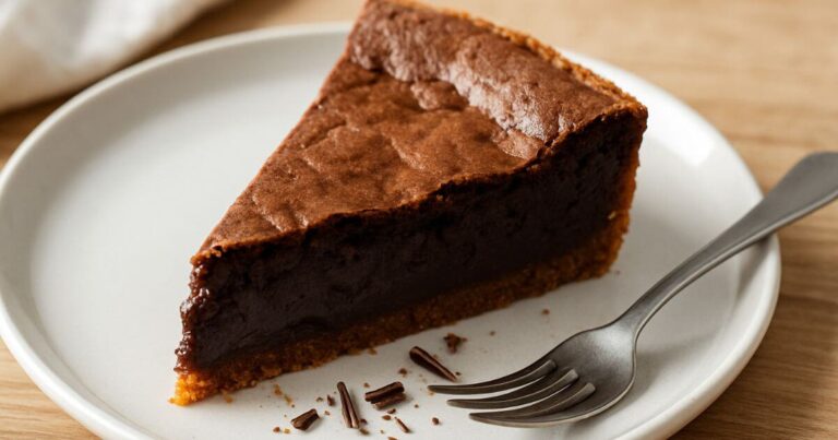 A perfectly sliced piece of rich chocolate brownie pie with a fudgy center and crisp graham cracker crust, served on a white ceramic plate with a metal fork and chocolate shavings, on a light wooden table.