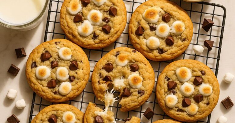 Marshmallow cookies stacked on a rack with gooey marshmallow centers