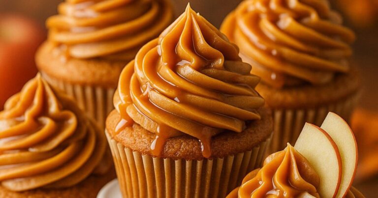 Freshly baked caramel apple cupcakes topped with caramel drizzle.