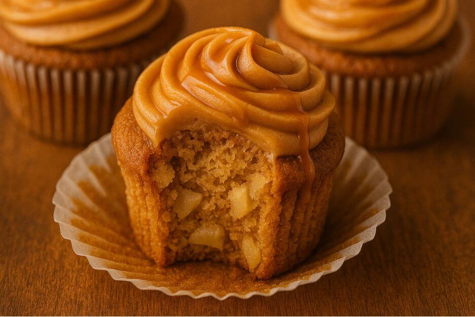 Freshly baked caramel apple cupcakes topped with caramel frosting and apple slices on a wooden table.