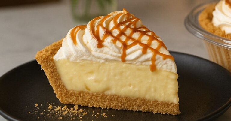 Homemade banana cream pie with whipped topping and graham cracker crust, inspired by Costco's signature dessert