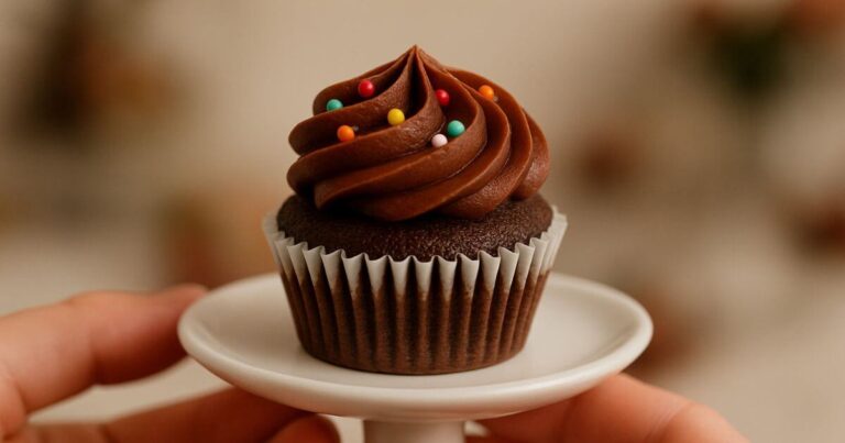 Freshly baked mini chocolate cupcake arranged neatly on a plate, topped with swirl of chocolate frosting and sprinkle.