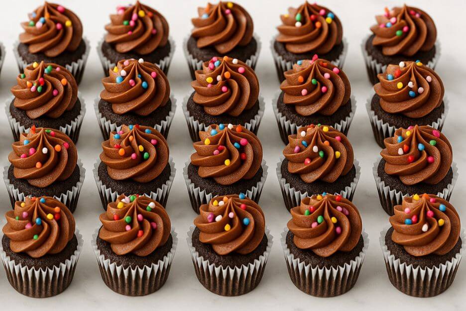 20 homemade mini chocolate cupcakes, each topped with rich chocolate frosting and festive sprinkles