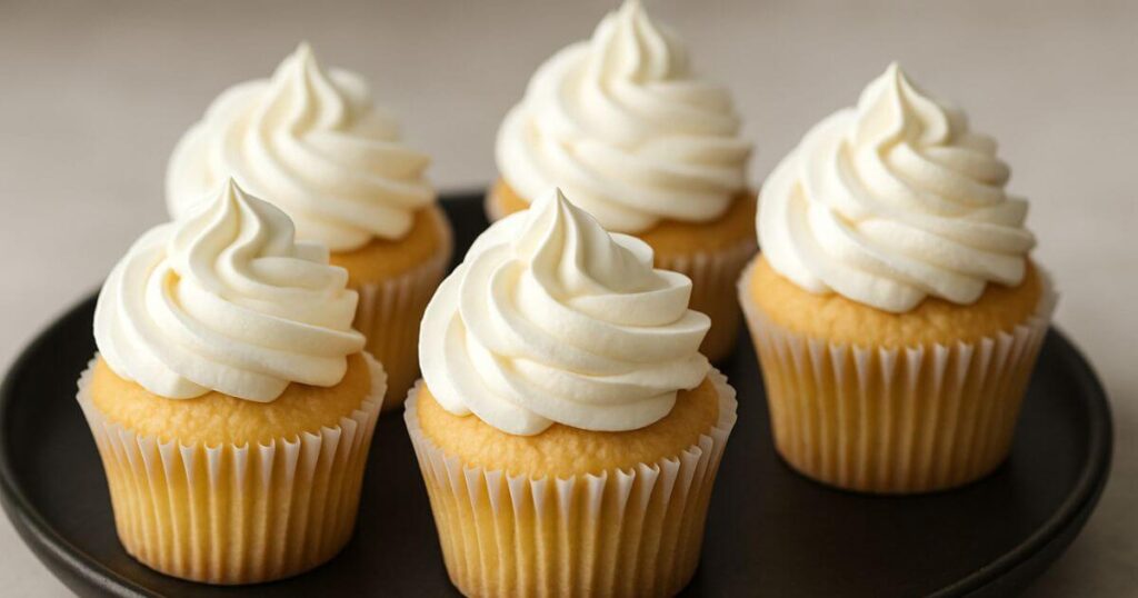 Cream cheese cupcakes topped with swirls of frosting