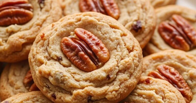 Freshly baked pecan cookies stacked , topped with whole pecan halves, showingcasing a rustic homemade appearance.