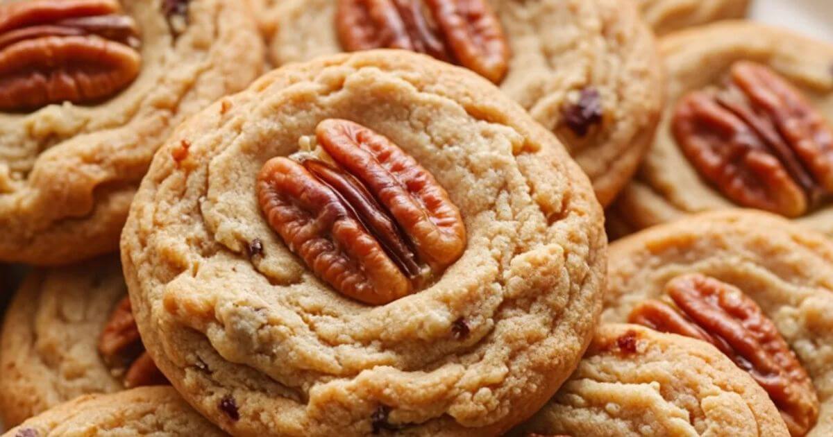 Freshly baked pecan cookies stacked , topped with whole pecan halves, showingcasing a rustic homemade appearance.