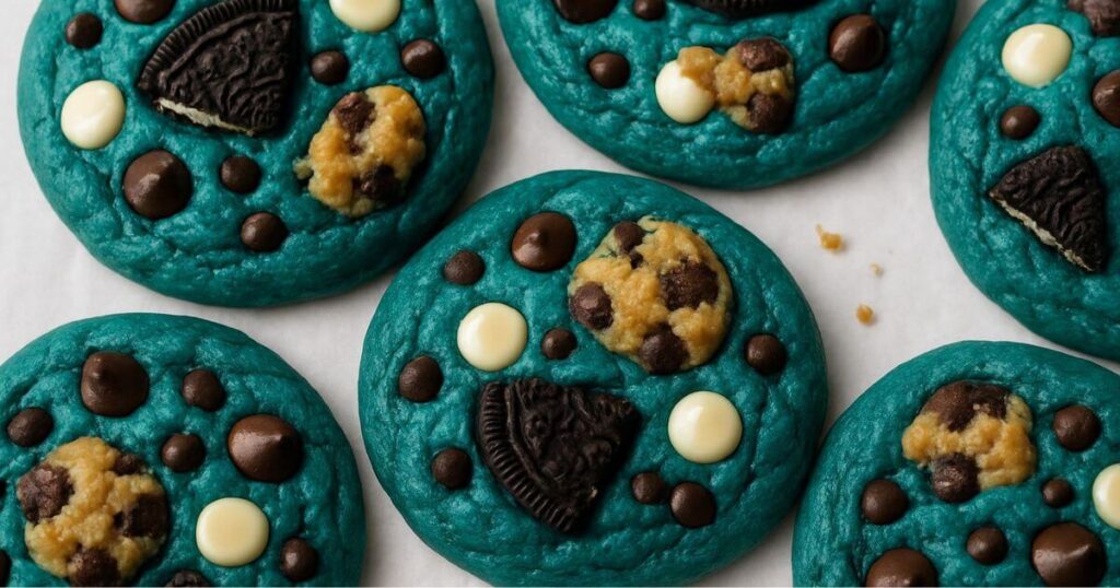 Close-up of extra gooey Cookie Monster cookies with blue dough, chocolate chips, and mini cookies on top
