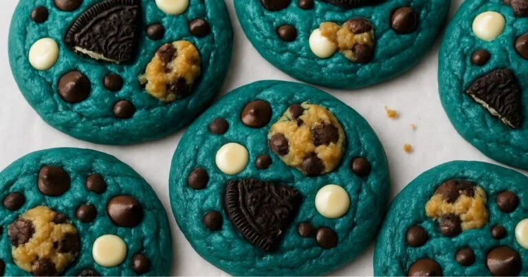 Close-up of extra gooey Cookie Monster cookies with blue dough, chocolate chips, and mini cookies on top