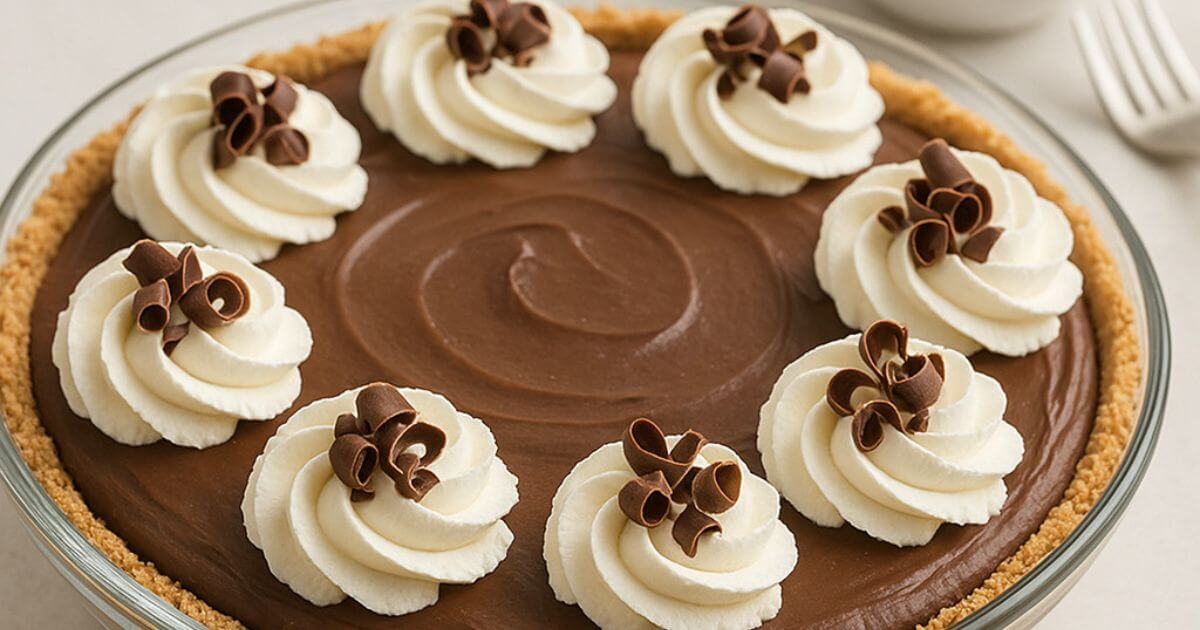 No-bake chocolate pie topped with whipped cream and chocolate shavings on a dish pie