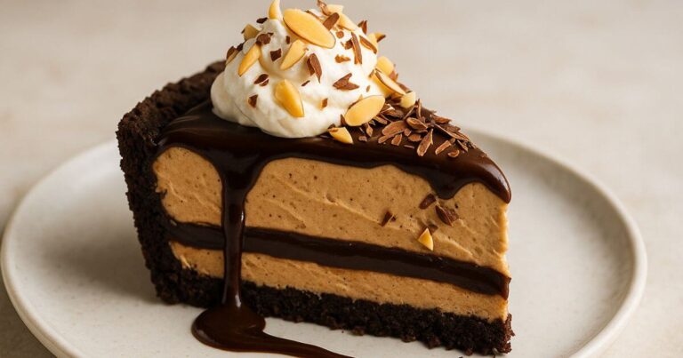 Close-up of homemade Mud Pie Ice Cream with a chocolate cookie crust, creamy coffee ice cream, and fudge drizzle, served in a slice.
