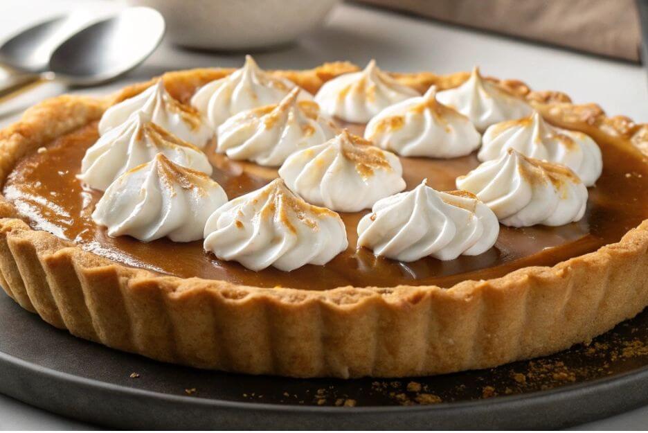 Close-up of a rich caramel pie topped with whipped cream