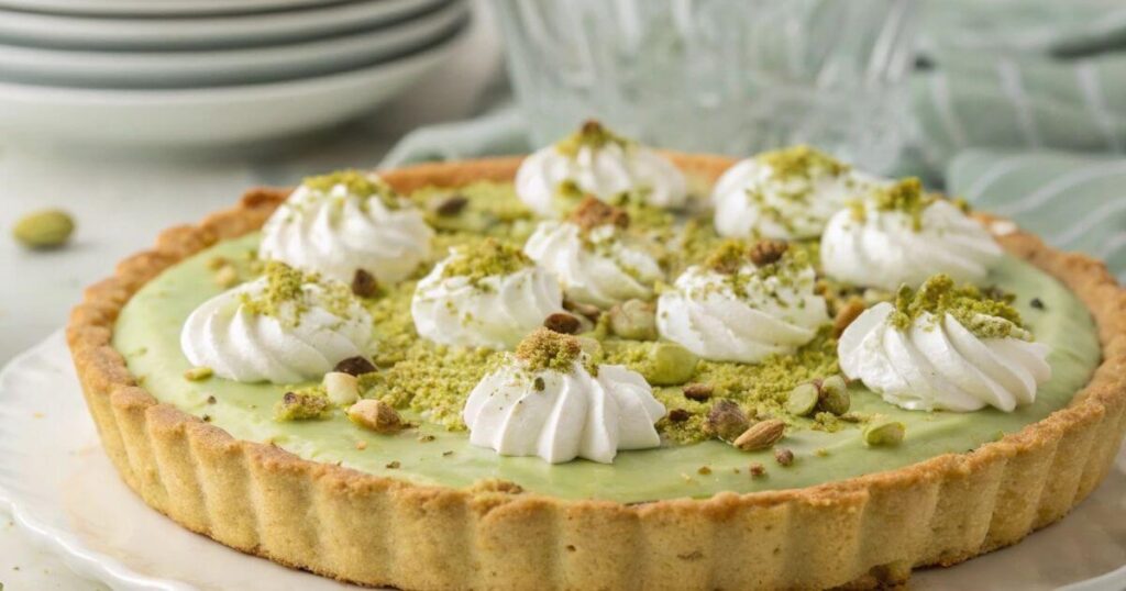 Homemade pistachio pudding pie topped with whipped cream and crushed pistachios on a graham cracker crust
