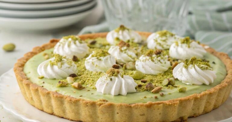 Homemade pistachio pudding pie topped with whipped cream and crushed pistachios on a graham cracker crust