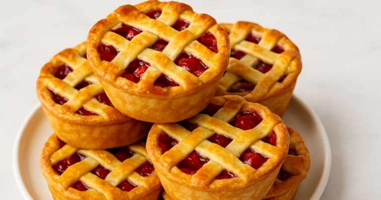 Mini cherry pies with golden crusts and juicy cherry filling on a white plate