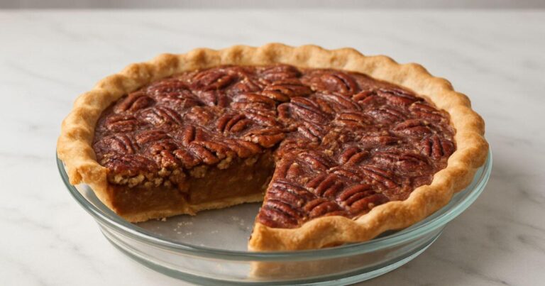 Caramel Pecan Pie with crunchy pecans on top, perfect for holiday desserts.
