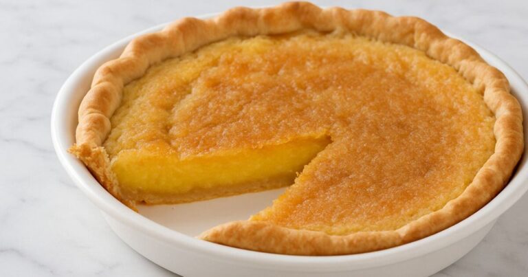 Whole orange buttermilk chess pie with a slice cut out, in a white pie dish.