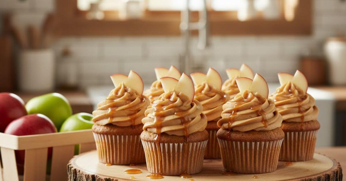 A rustic wooden cake stand displaying moist Caramel Apple Cupcakes topped with tall swirls of caramel buttercream frosting, a golden caramel drizzle, and fresh apple slices. Background features cinnamon sticks and a basket of apples in a warm kitchen setting.