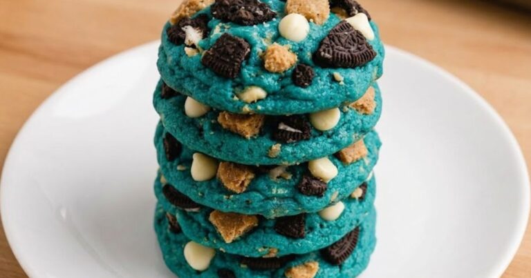 A tall stack of five thick, bright blue Cookie Monster cookies loaded with white chocolate chips and crushed chocolate sandwich cookies on a white plate.