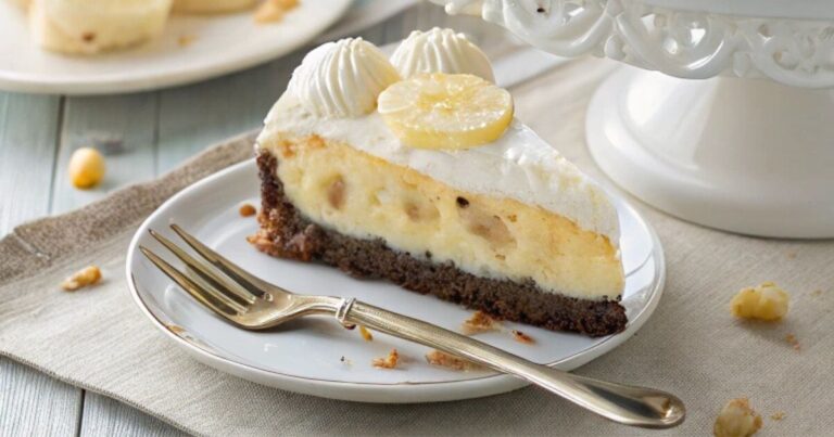 slice of rich and creamy banana cheesecake pie with a dark chocolate cracker crust, topped with fresh banana slices and whipped cream
