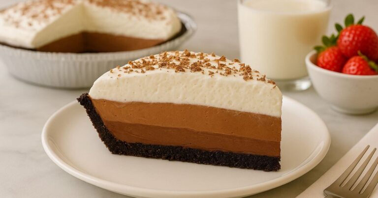 No-Bake Chocolate Pie topped with whipped cream and chocolate shavings on a chocolate cookie pie crust.